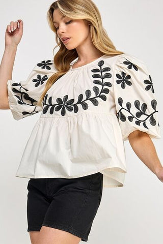 Puff - Sleeve Embroidered Peplum Blouse - MOD&SOUL - Contemporary Women's Clothing