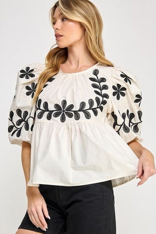 Puff - Sleeve Embroidered Peplum Blouse - MOD&SOUL - Contemporary Women's Clothing