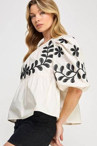 Puff - Sleeve Embroidered Peplum Blouse - MOD&SOUL - Contemporary Women's Clothing