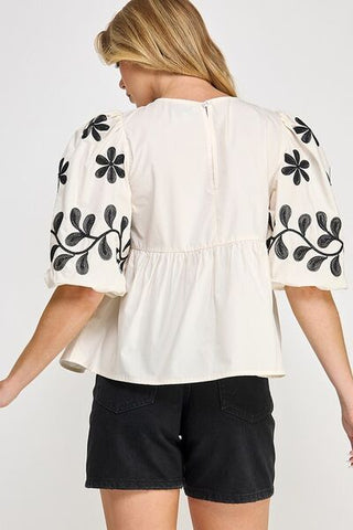 Puff - Sleeve Embroidered Peplum Blouse - MOD&SOUL - Contemporary Women's Clothing