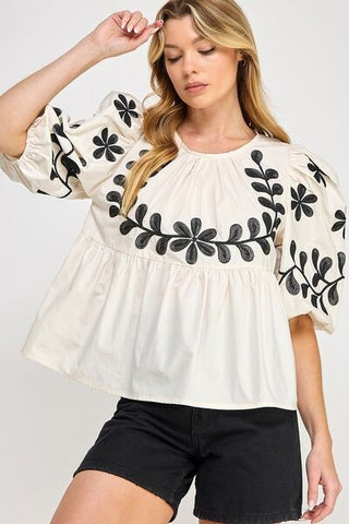 Puff - Sleeve Embroidered Peplum Blouse - MOD&SOUL - Contemporary Women's Clothing