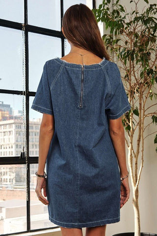 Raw Hem Mini Denim Dress with Pockets - MOD&SOUL - Contemporary Women's Clothing