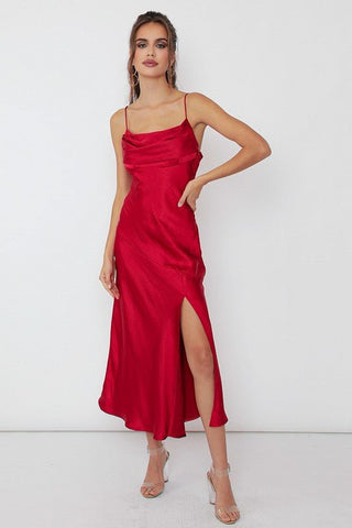 Red Satin Side Slit Midi Dress - MOD&SOUL - Contemporary Women's Clothing