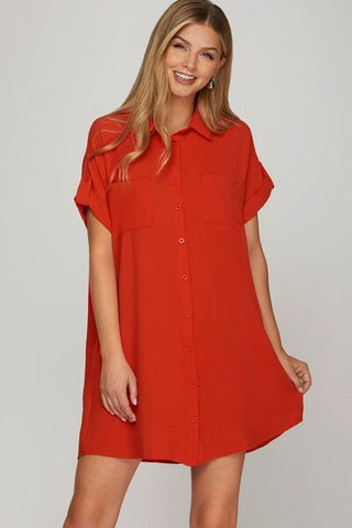 She + Sky Full Size Button Down Short Sleeve Woven Shirt Dress Plus Size - MOD&SOUL - Contemporary Women's Clothing