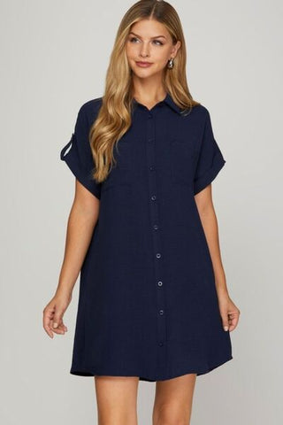 She + Sky Full Size Button Down Short Sleeve Woven Shirt Dress Plus Size - MOD&SOUL - Contemporary Women's Clothing