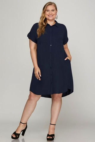 She + Sky Full Size Button Down Short Sleeve Woven Shirt Dress Plus Size - MOD&SOUL - Contemporary Women's Clothing