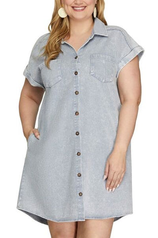 She + Sky Full Size Folded Cuff Button Down Washed Twill Shirt Dress Plus Size - MOD&SOUL - Contemporary Women's Clothing