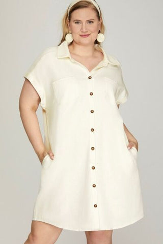 She + Sky Full Size Folded Cuff Button Down Washed Twill Shirt Dress Plus Size - MOD&SOUL - Contemporary Women's Clothing