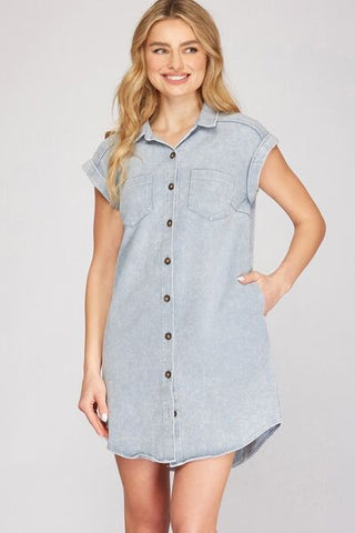 She + Sky Full Size Folded Cuff Button Down Washed Twill Shirt Dress Plus Size - MOD&SOUL - Contemporary Women's Clothing