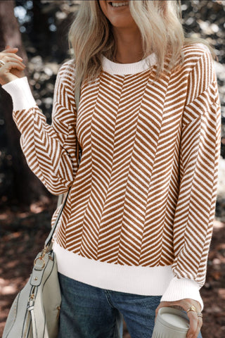 Striped Round Neck Long Sleeve Sweater - MOD&SOUL - Contemporary Women's Clothing