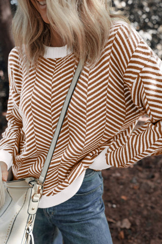 Striped Round Neck Long Sleeve Sweater - MOD&SOUL - Contemporary Women's Clothing