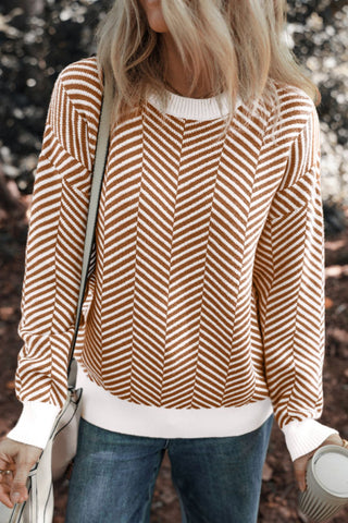 Striped Round Neck Long Sleeve Sweater - MOD&SOUL - Contemporary Women's Clothing