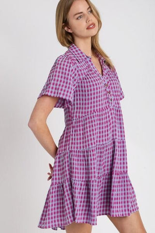 Umgee Full Size Gingham Tiered Button Detail Short Sleeve Dress Plus Size - MOD&SOUL - Contemporary Women's Clothing