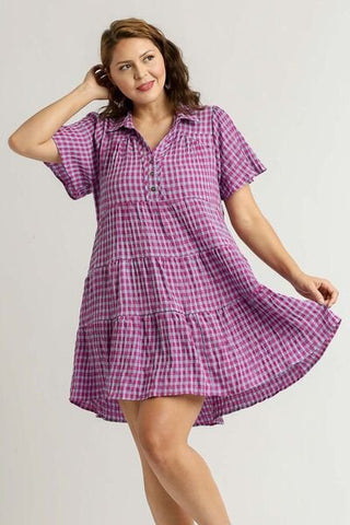 Umgee Full Size Gingham Tiered Button Detail Short Sleeve Dress Plus Size - MOD&SOUL - Contemporary Women's Clothing