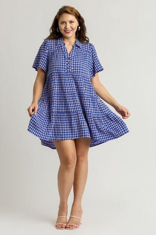 Umgee Full Size Gingham Tiered Button Detail Short Sleeve Dress Plus Size - MOD&SOUL - Contemporary Women's Clothing