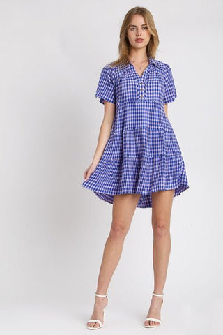 Umgee Full Size Gingham Tiered Button Detail Short Sleeve Dress Plus Size - MOD&SOUL - Contemporary Women's Clothing