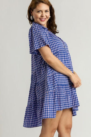 Umgee Full Size Gingham Tiered Button Detail Short Sleeve Dress Plus Size - MOD&SOUL - Contemporary Women's Clothing