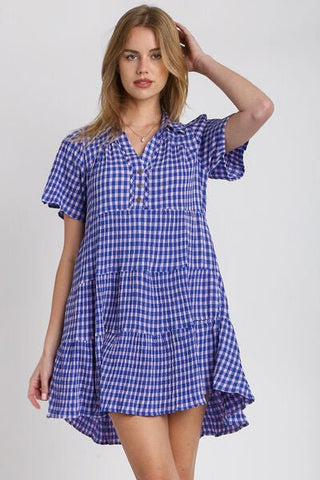 Umgee Full Size Gingham Tiered Button Detail Short Sleeve Dress Plus Size - MOD&SOUL - Contemporary Women's Clothing