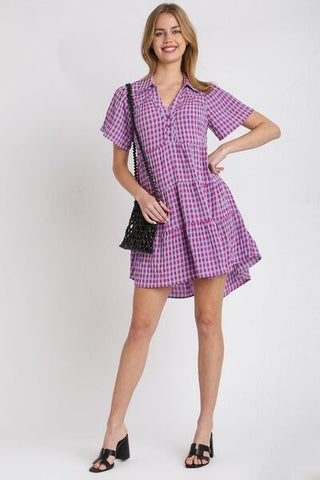 Umgee Full Size Gingham Tiered Button Detail Short Sleeve Dress Plus Size - MOD&SOUL - Contemporary Women's Clothing