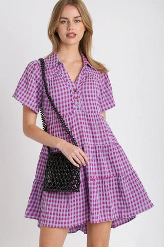 Umgee Full Size Gingham Tiered Button Detail Short Sleeve Dress Plus Size - MOD&SOUL - Contemporary Women's Clothing