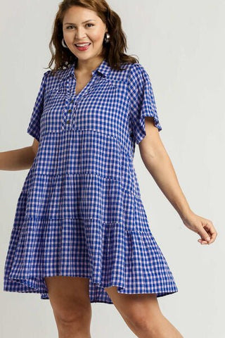 Umgee Full Size Gingham Tiered Button Detail Short Sleeve Dress Plus Size - MOD&SOUL - Contemporary Women's Clothing