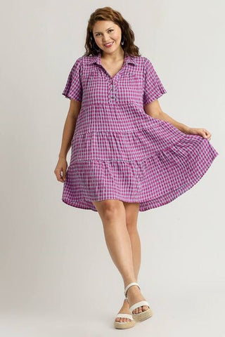 Umgee Full Size Gingham Tiered Button Detail Short Sleeve Dress Plus Size - MOD&SOUL - Contemporary Women's Clothing