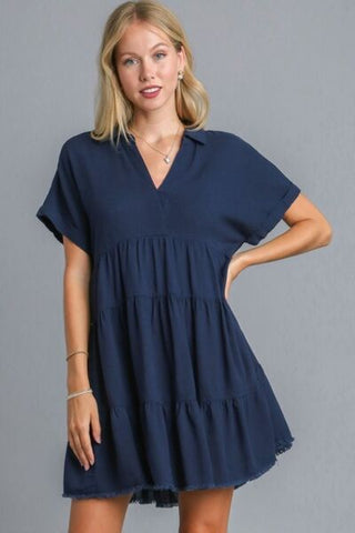 Umgee Full Size Raw Hem Folded Sleeve Tiered Dress Plus Size - MOD&SOUL - Contemporary Women's Clothing