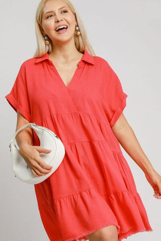 Umgee Full Size Raw Hem Folded Sleeve Tiered Dress Plus Size - MOD&SOUL - Contemporary Women's Clothing