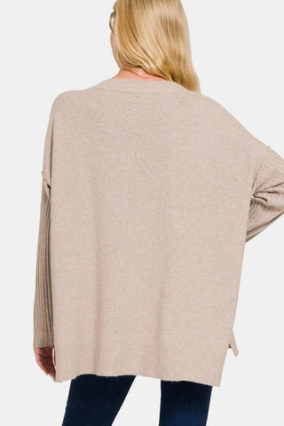 V - Neck Side Slit High - Low Sweater - Mocha - MOD&SOUL - Contemporary Women's Clothing