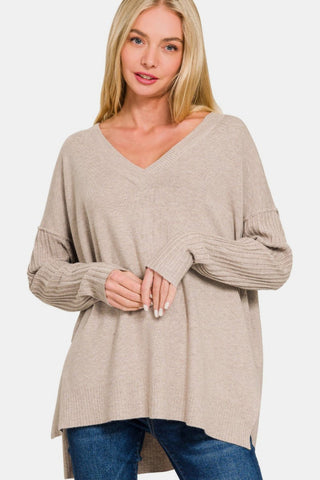 V - Neck Side Slit High - Low Sweater - Mocha - MOD&SOUL - Contemporary Women's Clothing