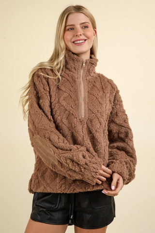 VERY J Fuzzy Fleece Half Zip Cable Pattern Sweatshirt - MOD&SOUL - Contemporary Women's Clothing