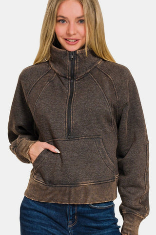 Zenana Acid Washed Half Zip Fleece Sweatshirt - MOD&SOUL - Contemporary Women's Clothing