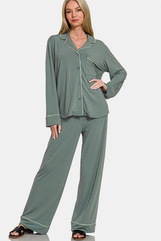 Zenana Button Down Long Sleeve Top and Pants Lounge Set - MOD&SOUL - Contemporary Women's Clothing