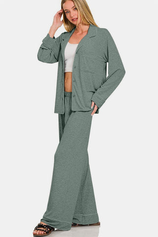 Zenana Button Down Long Sleeve Top and Pants Lounge Set - MOD&SOUL - Contemporary Women's Clothing