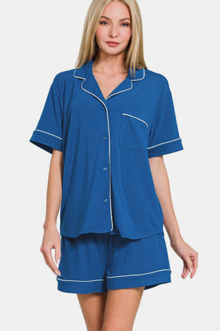 Zenana Button Down Short Sleeve Top and Shorts Lounge Set - MOD&SOUL - Contemporary Women's Clothing