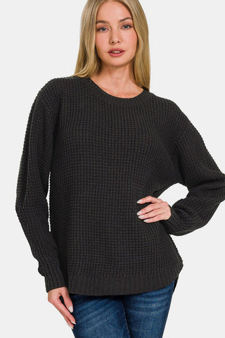 Zenana High Low Long Sleeve Waffle Sweater - MOD&SOUL - Contemporary Women's Clothing