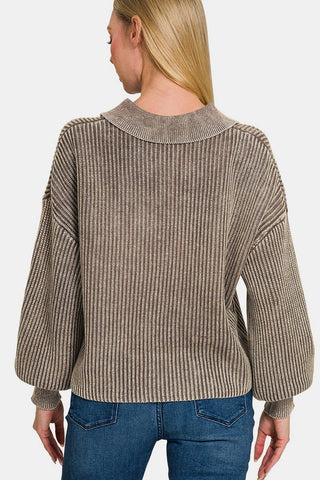 Zenana Washed Half Button Long Sleeve Sweater - MOD&SOUL - Contemporary Women's Clothing