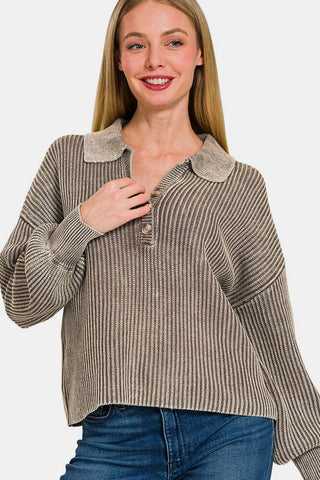 Zenana Washed Half Button Long Sleeve Sweater - MOD&SOUL - Contemporary Women's Clothing