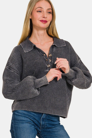 Zenana Washed Half Button Long Sleeve Sweater - MOD&SOUL - Contemporary Women's Clothing