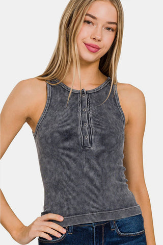 Zenana Washed Ribbed Half Snap Seamless Tank - MOD&SOUL - Contemporary Women's Clothing