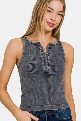 Zenana Washed Ribbed Half Snap Seamless Tank - MOD&SOUL - Contemporary Women's Clothing