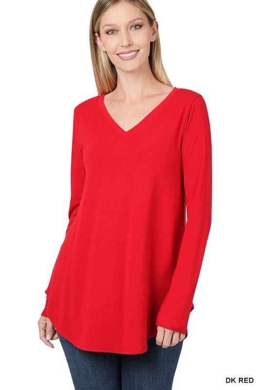 Long Sleeve V Neck Round Hem Top